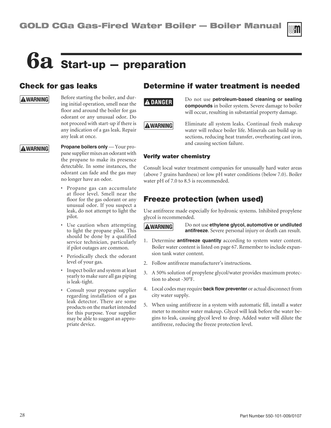 Weil-McLain CGA25SPDN manual 6a Start-up preparation, Check for gas leaks Determine if water treatment is needed 