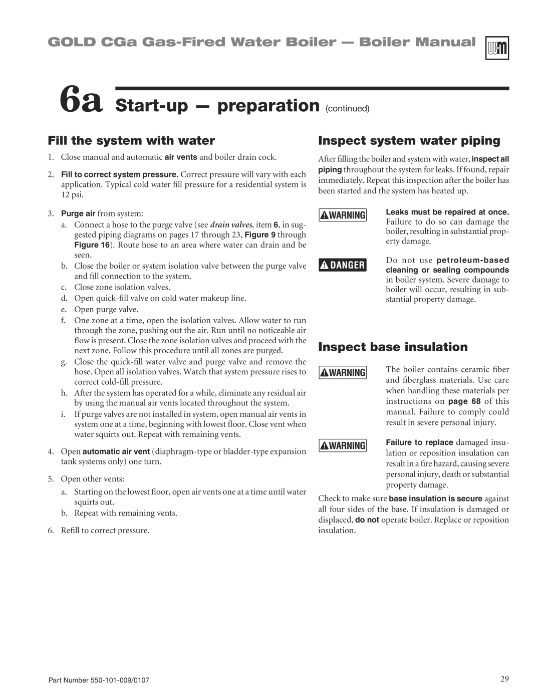 Weil-McLain CGA25SPDN manual Fill the system with water, Inspect system water piping, Inspect base insulation 