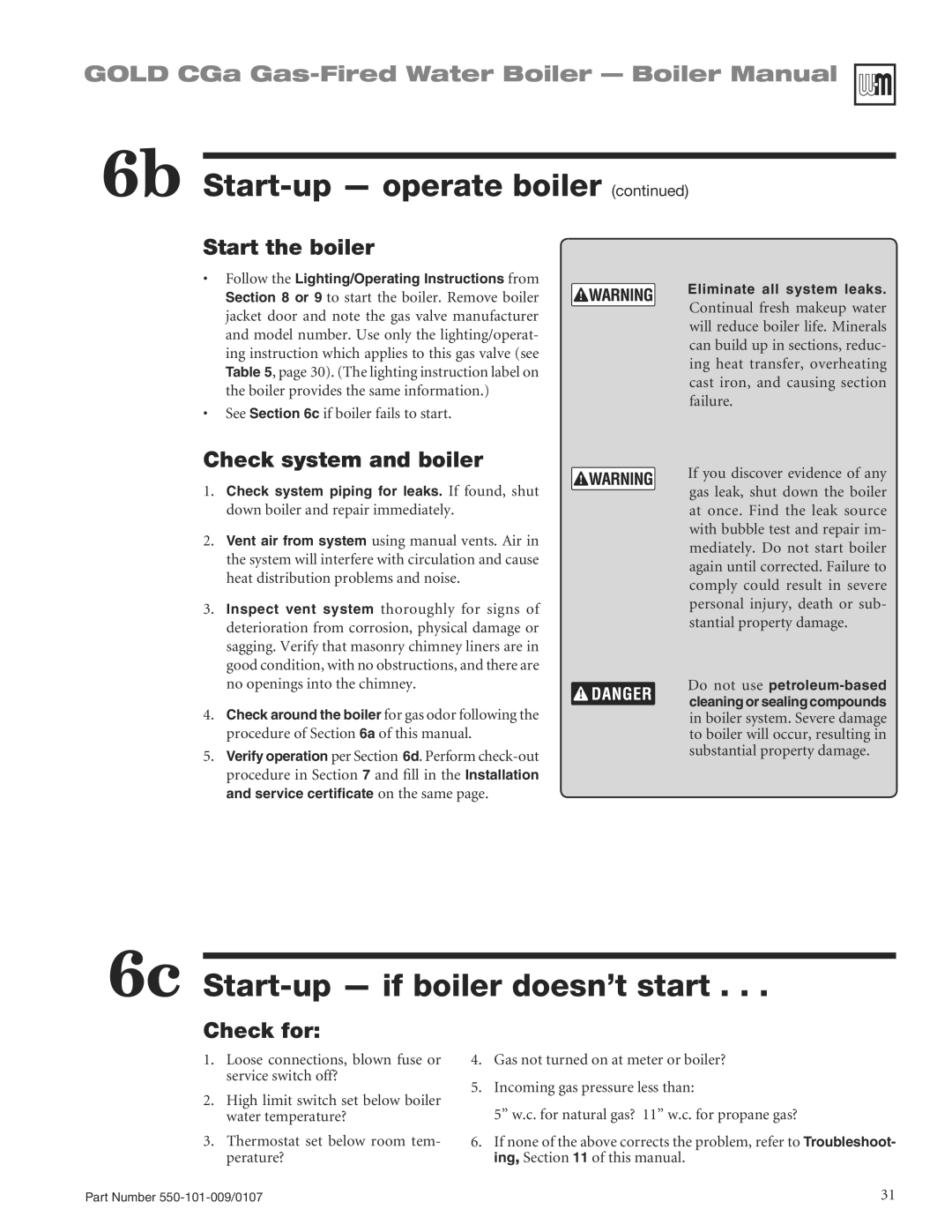 Weil-McLain CGA25SPDN manual 6c Start-up if boiler doesn’t start, Start the boiler, Check system and boiler, Check for 