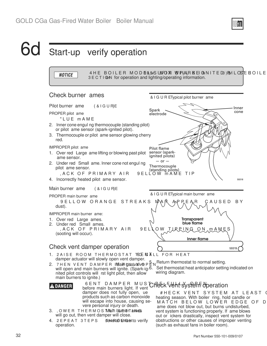 Weil-McLain CGA25SPDN manual 6d Start-up verify operation, Check burner ﬂames, Check vent damper operation 