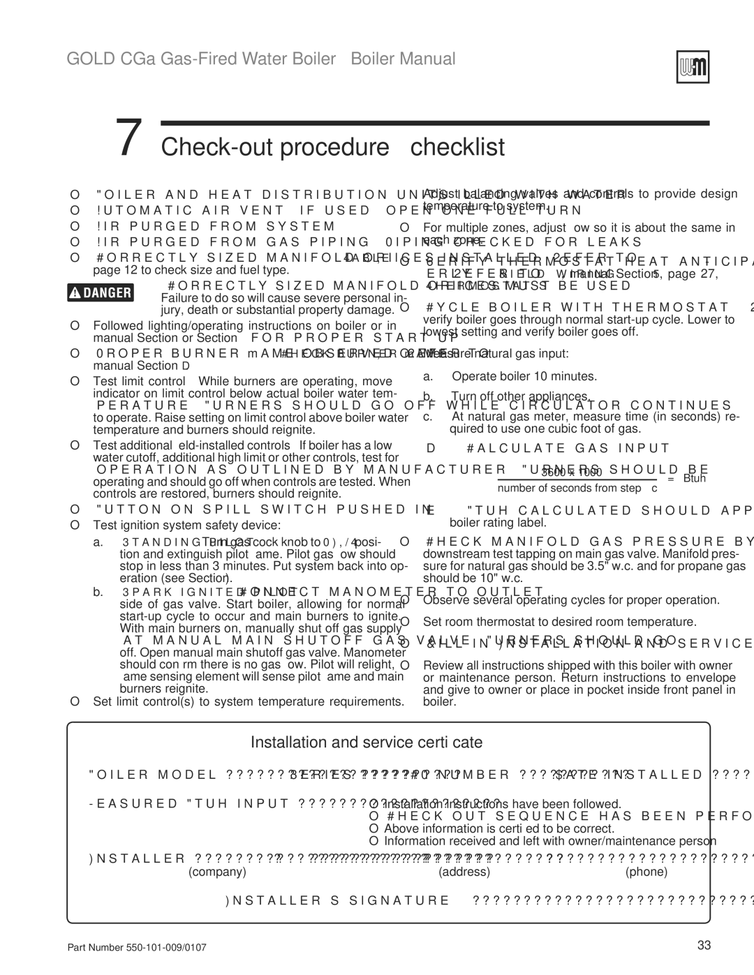 Weil-McLain CGA25SPDN manual Check-out procedure checklist, Oo !Iripurged Fromgsystem, OO Utton Onospilloswitch PUSHEDLIN 