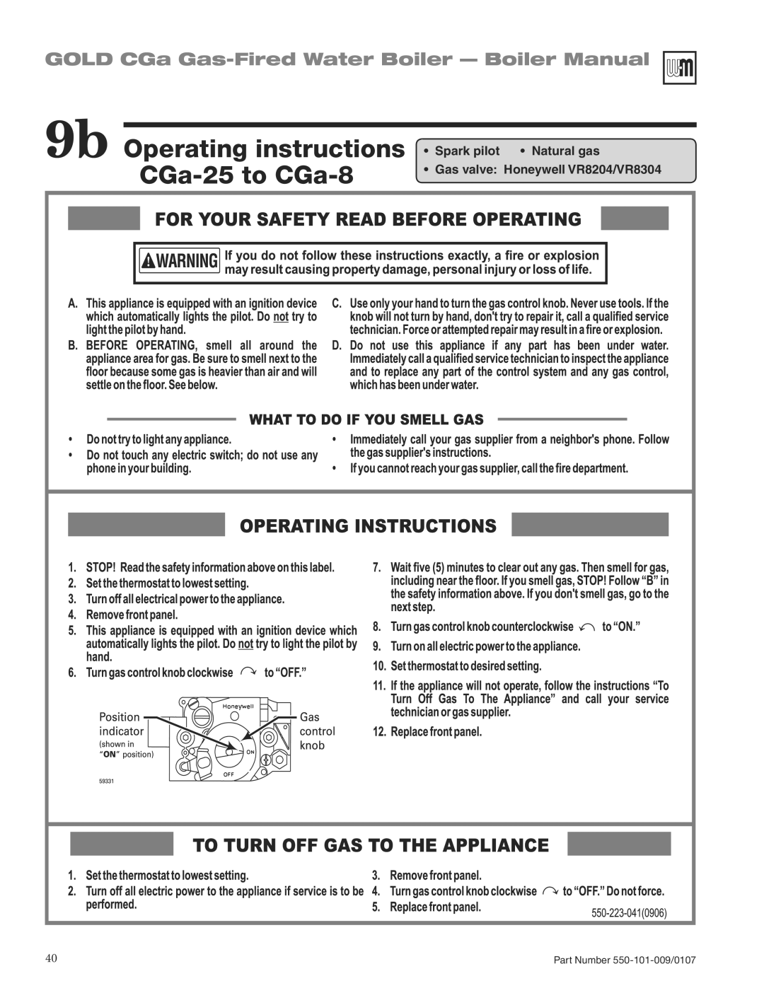 Weil-McLain CGA25SPDN manual 9b Operating instructions CGa-25 to CGa-8 