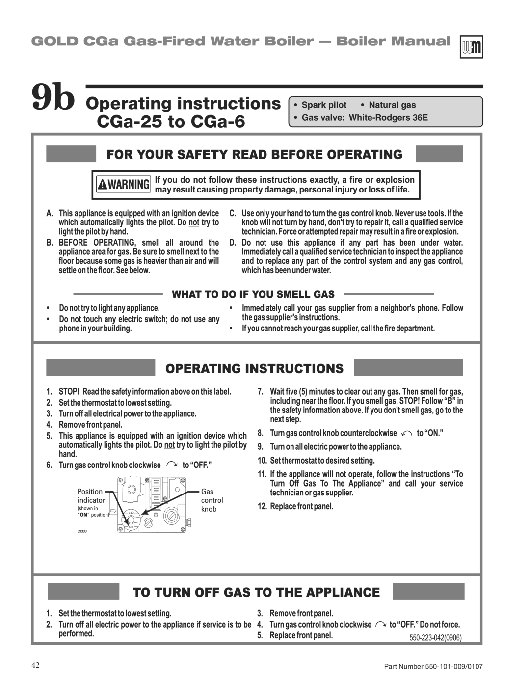 Weil-McLain CGA25SPDN manual 9b Operating instructions CGa-25 to CGa-6 