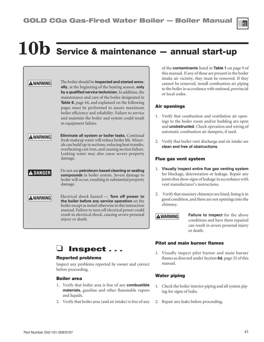 Weil-McLain CGA25SPDN manual 10b Service & maintenance annual start-up 