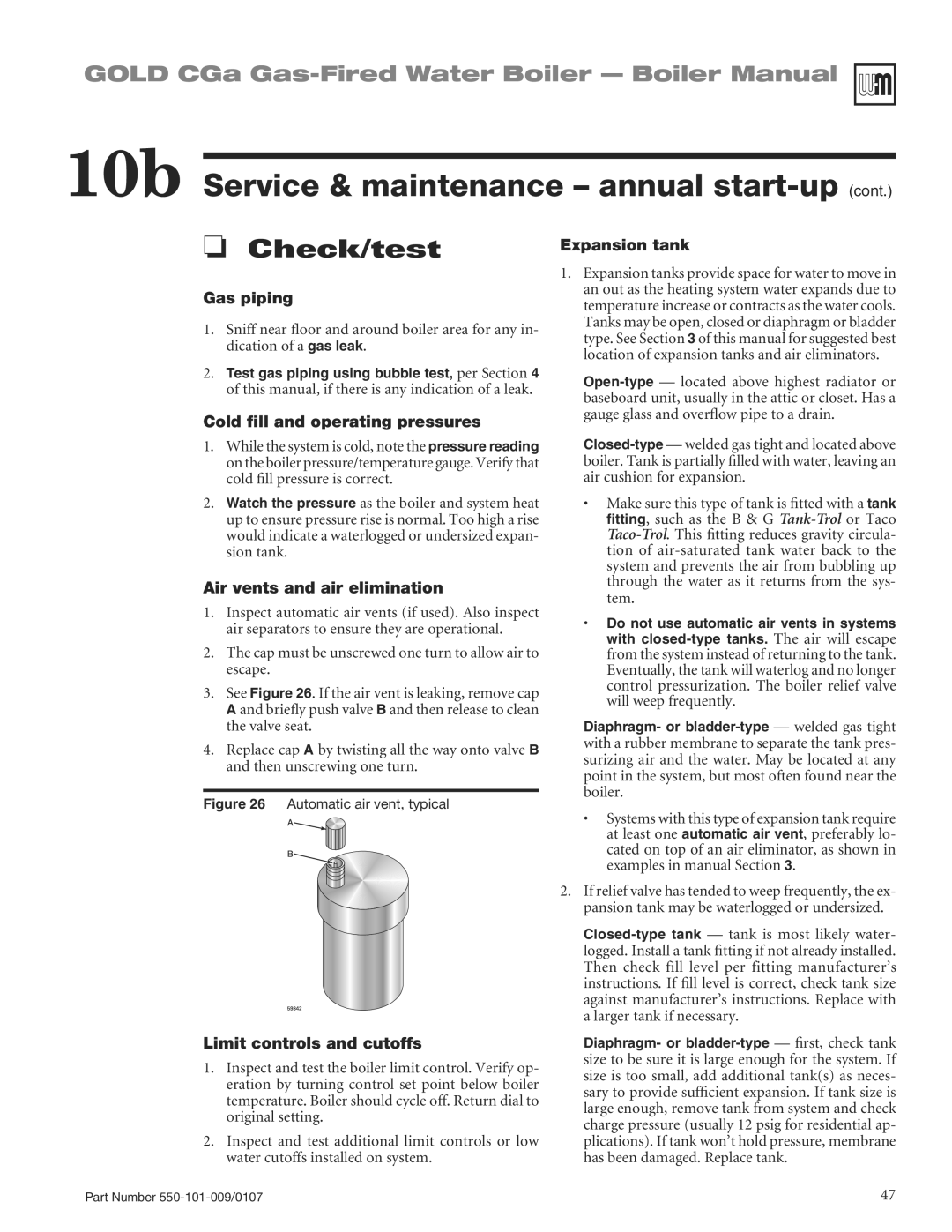 Weil-McLain CGA25SPDN manual Gas piping, Cold ﬁll and operating pressures, Air vents and air elimination, Expansion tank 