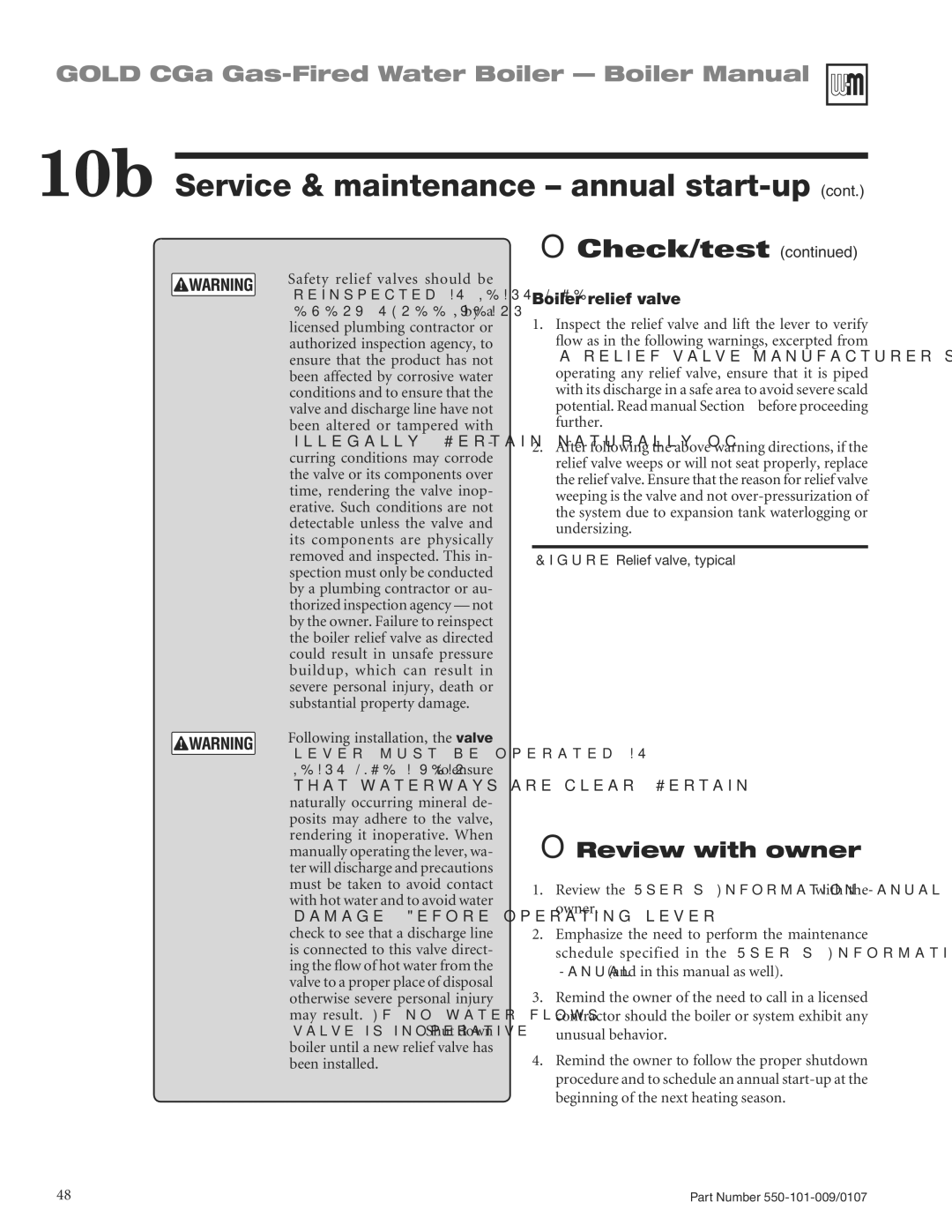 Weil-McLain CGA25SPDN manual Review with owner, Boiler relief valve, Safety relief valves should be 