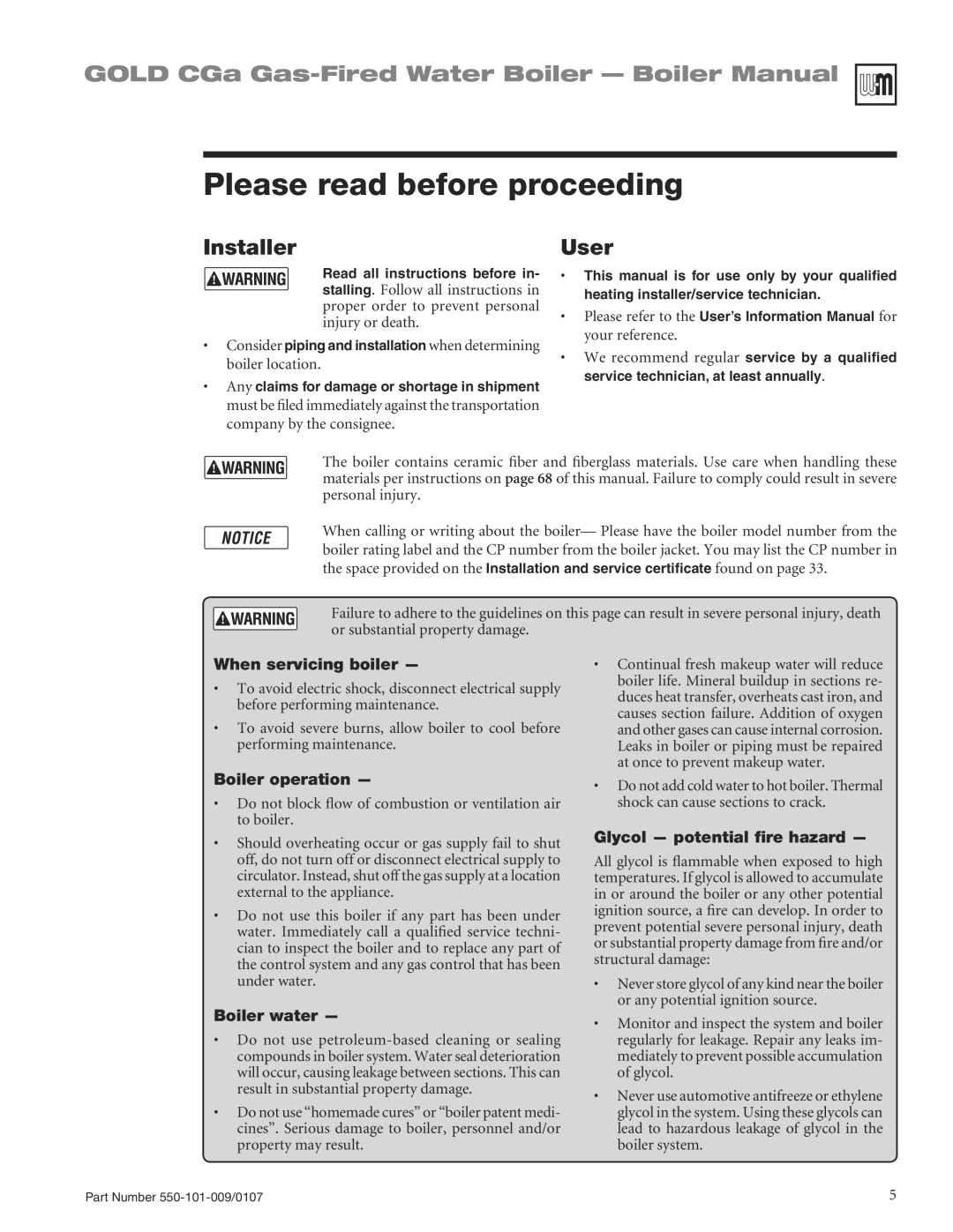 Weil-McLain CGA25SPDN manual Please read before proceeding, Installer, User 