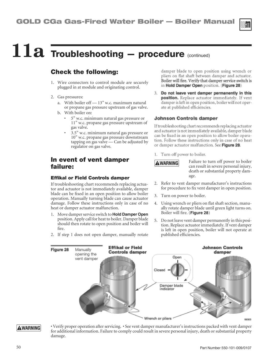 Weil-McLain CGA25SPDN Check the following, Event of vent damper failure, Efﬁkal or Field Controls damper,  Asapressures 