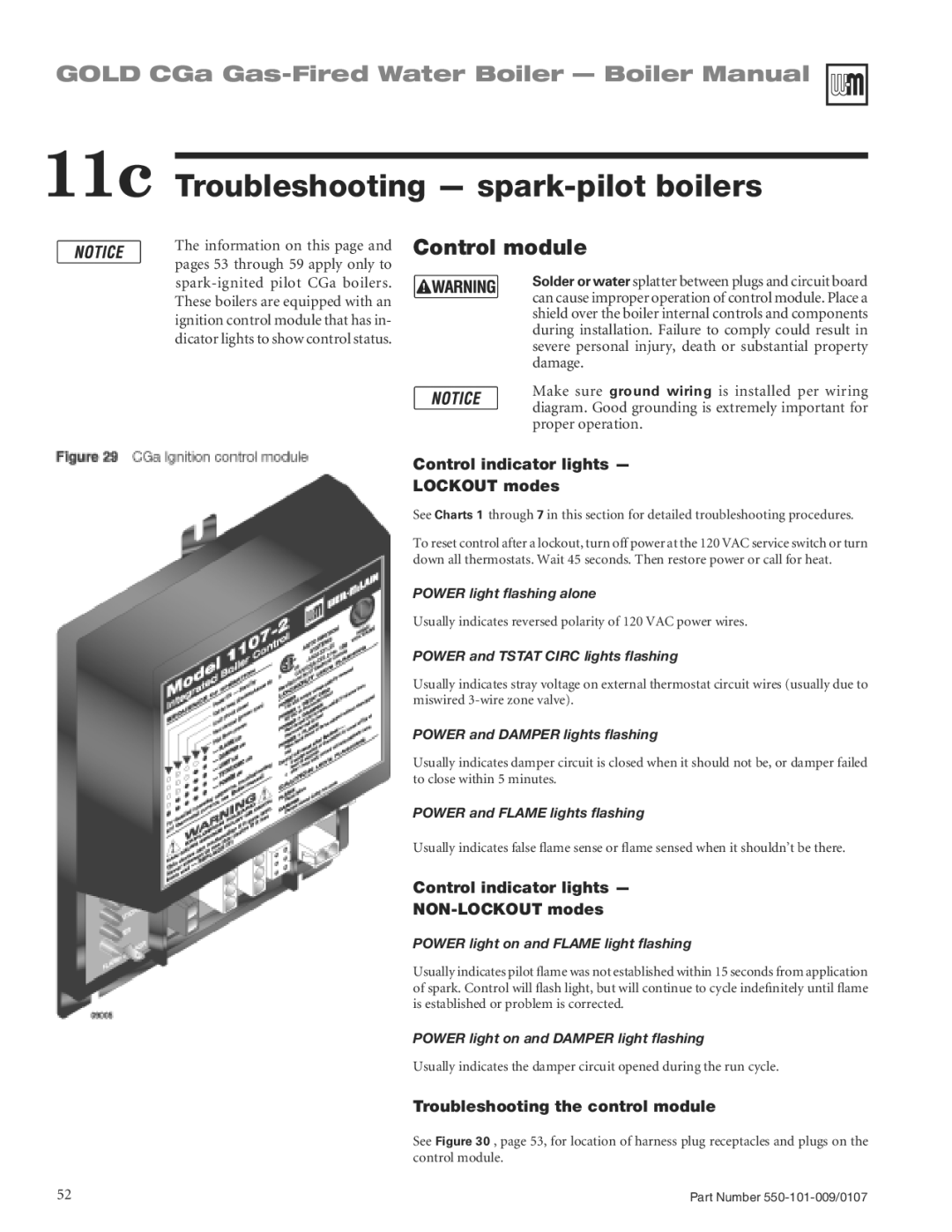 Weil-McLain CGA25SPDN 11c Troubleshooting spark-pilot boilers, Control module, Control indicator lights Lockout modes 