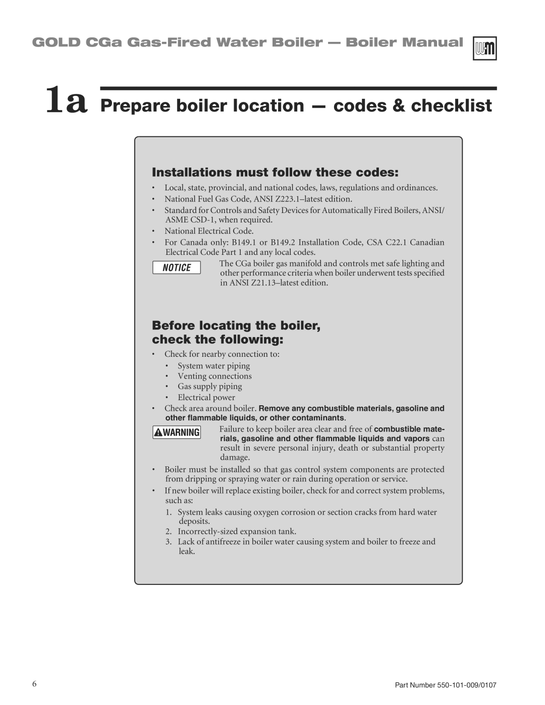 Weil-McLain CGA25SPDN manual 1a Prepare boiler location codes & checklist, Installations must follow these codes 