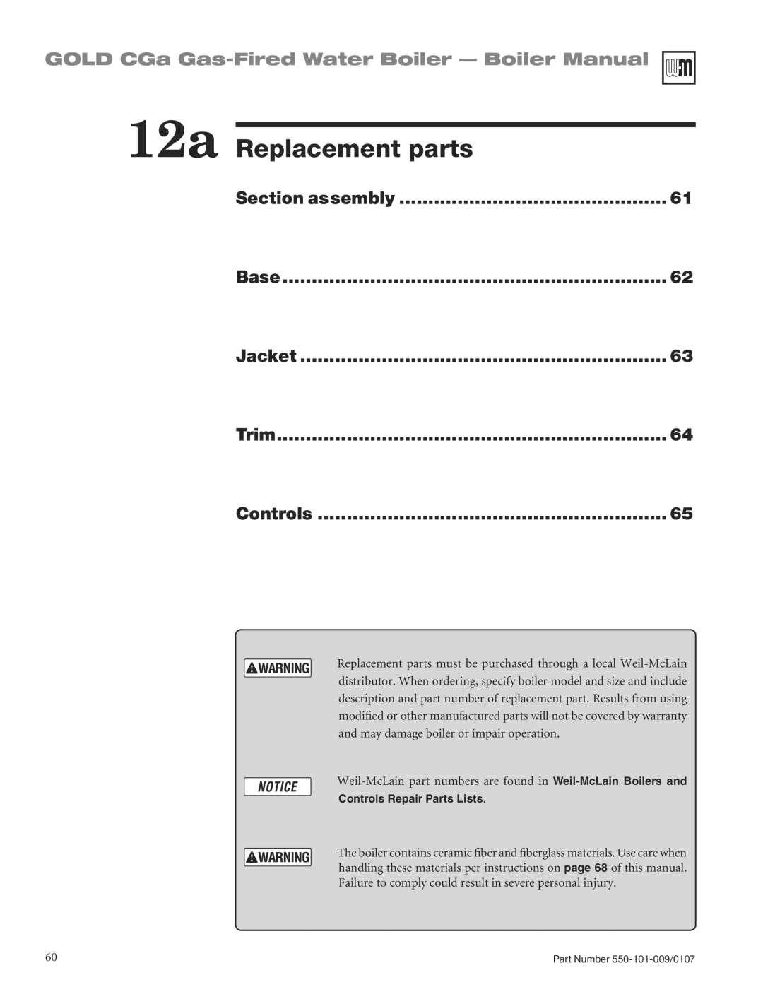 Weil-McLain CGA25SPDN manual 12a Replacement parts, Section assembly Base Jacket Trim Controls 