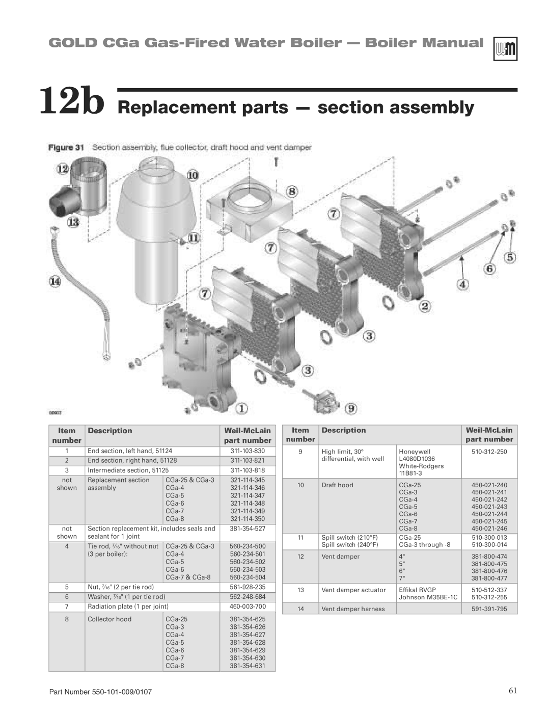 Weil-McLain CGA25SPDN manual 12b Replacement parts section assembly, Part number 