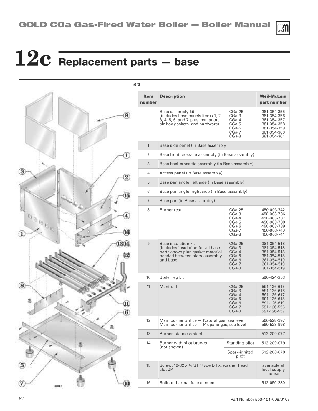 Weil-McLain CGA25SPDN manual 12c Replacement parts base, Igure R Base assembly, manifold, oriﬁces and burners 