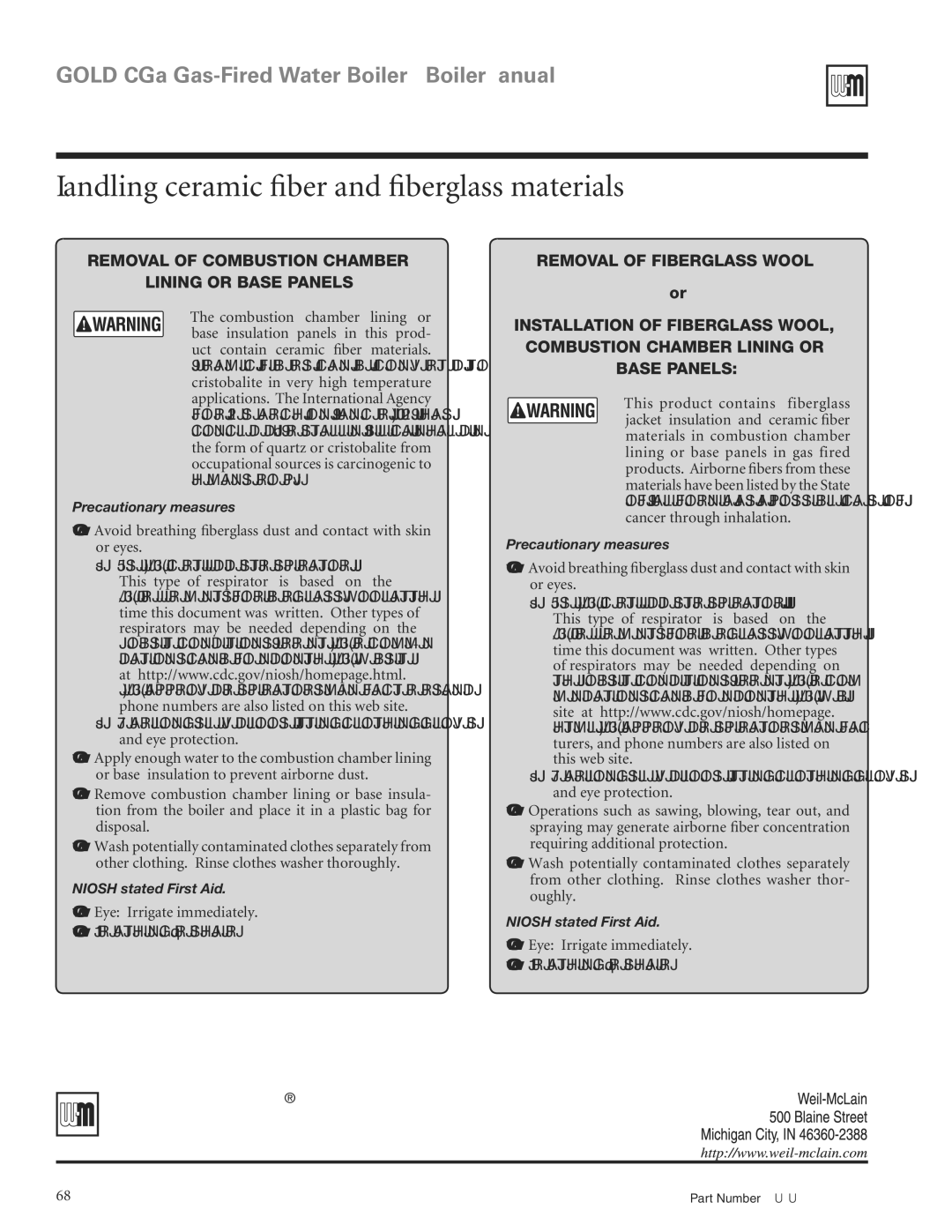 Weil-McLain CGA25SPDN manual Handling ceramic ﬁber and ﬁberglass materials, Jobosite CONDITIONS #URRENT ./3 Recommen 