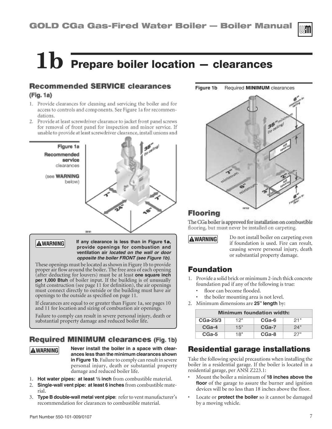 Weil-McLain CGA25SPDN manual 1b Prepare boiler location clearances, Foundation, Residential garage installations 