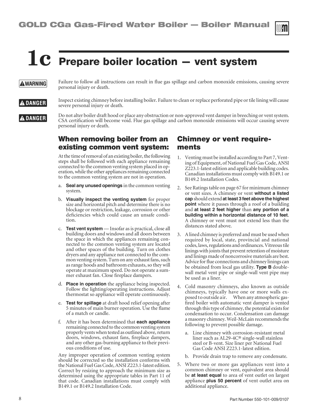 Weil-McLain CGA25SPDN 1c Prepare boiler location vent system, When removing boiler from an existing common vent system 