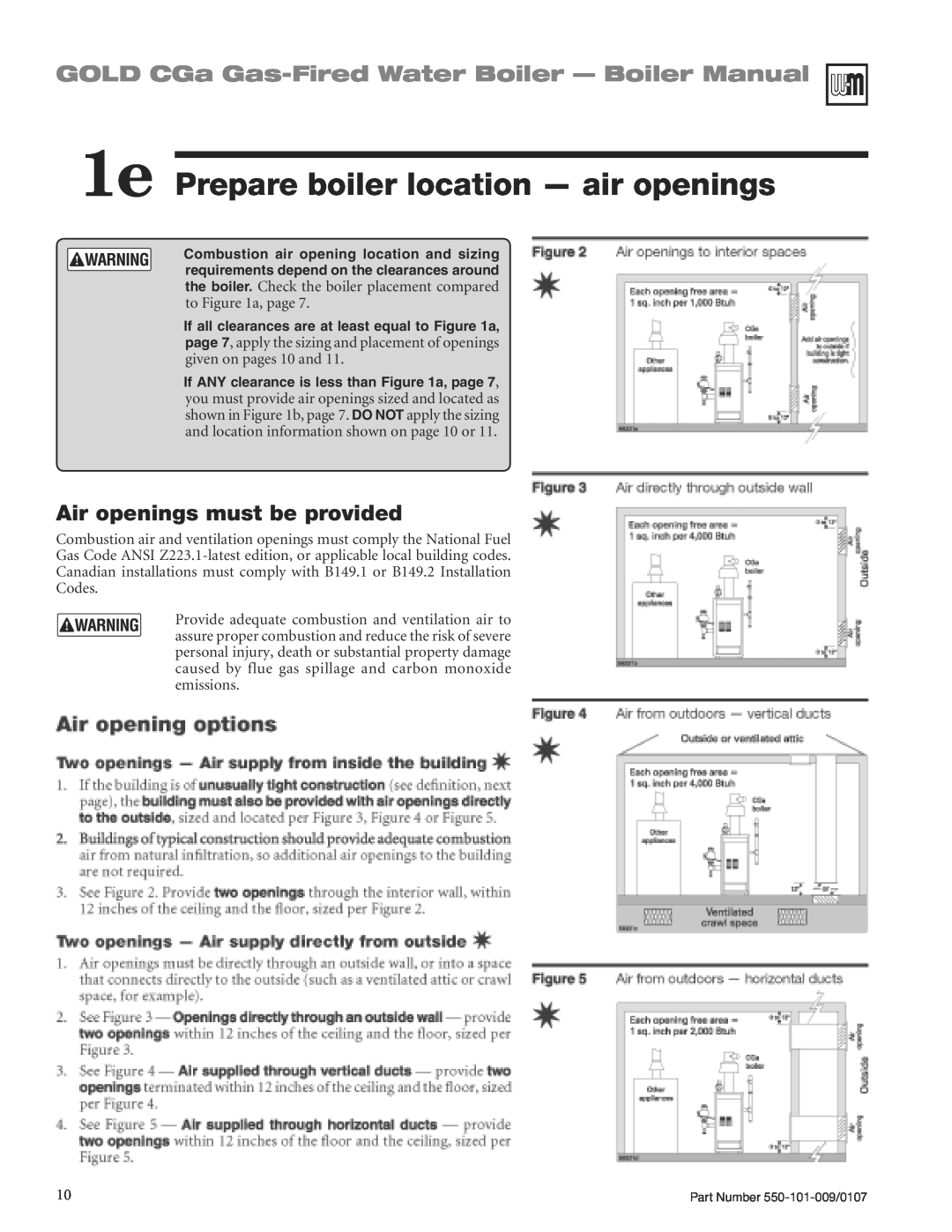 Weil-McLain CGA25SPDN manual 1e Prepare boiler location - air openings, GOLD CGa Gas-FiredWater Boiler - Boiler Manual 