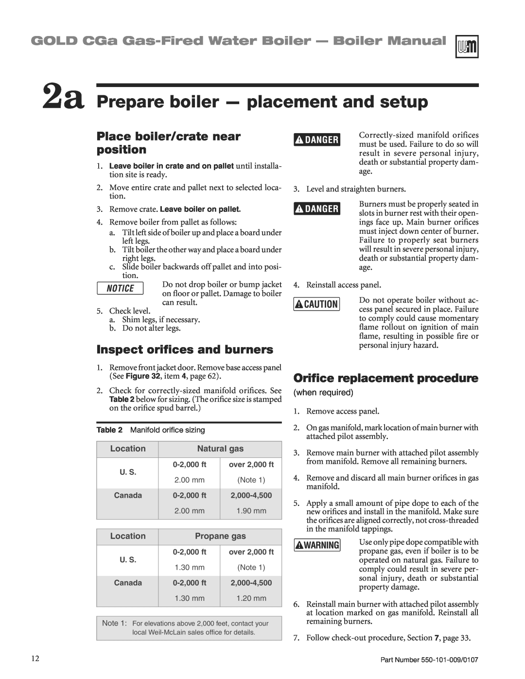 Weil-McLain CGA25SPDN 2a Prepare boiler - placement and setup, GOLD CGa Gas-FiredWater Boiler - Boiler Manual, Location 