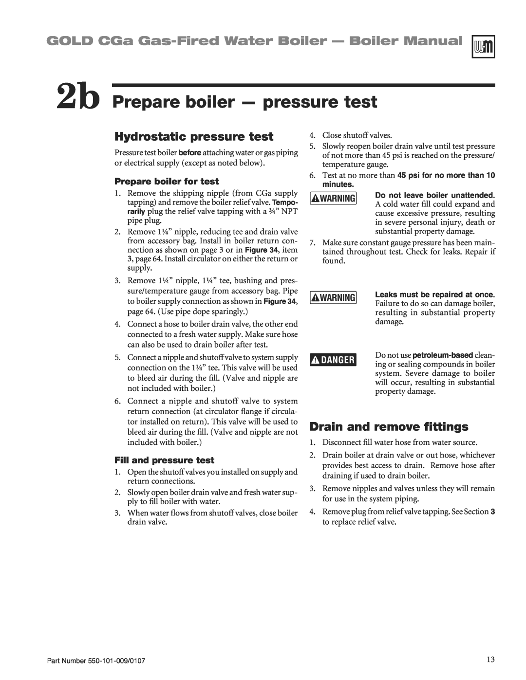 Weil-McLain CGA25SPDN manual 2b Prepare boiler - pressure test, GOLD CGa Gas-FiredWater Boiler - Boiler Manual 