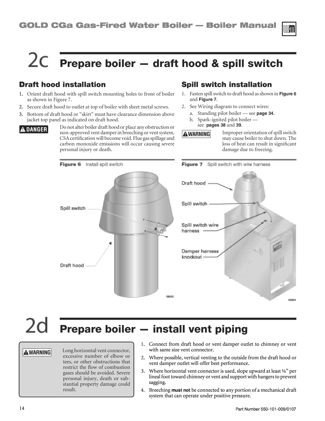 Weil-McLain CGA25SPDN manual Prepare boiler - draft hood & spill switch, Prepare boiler - install vent piping 