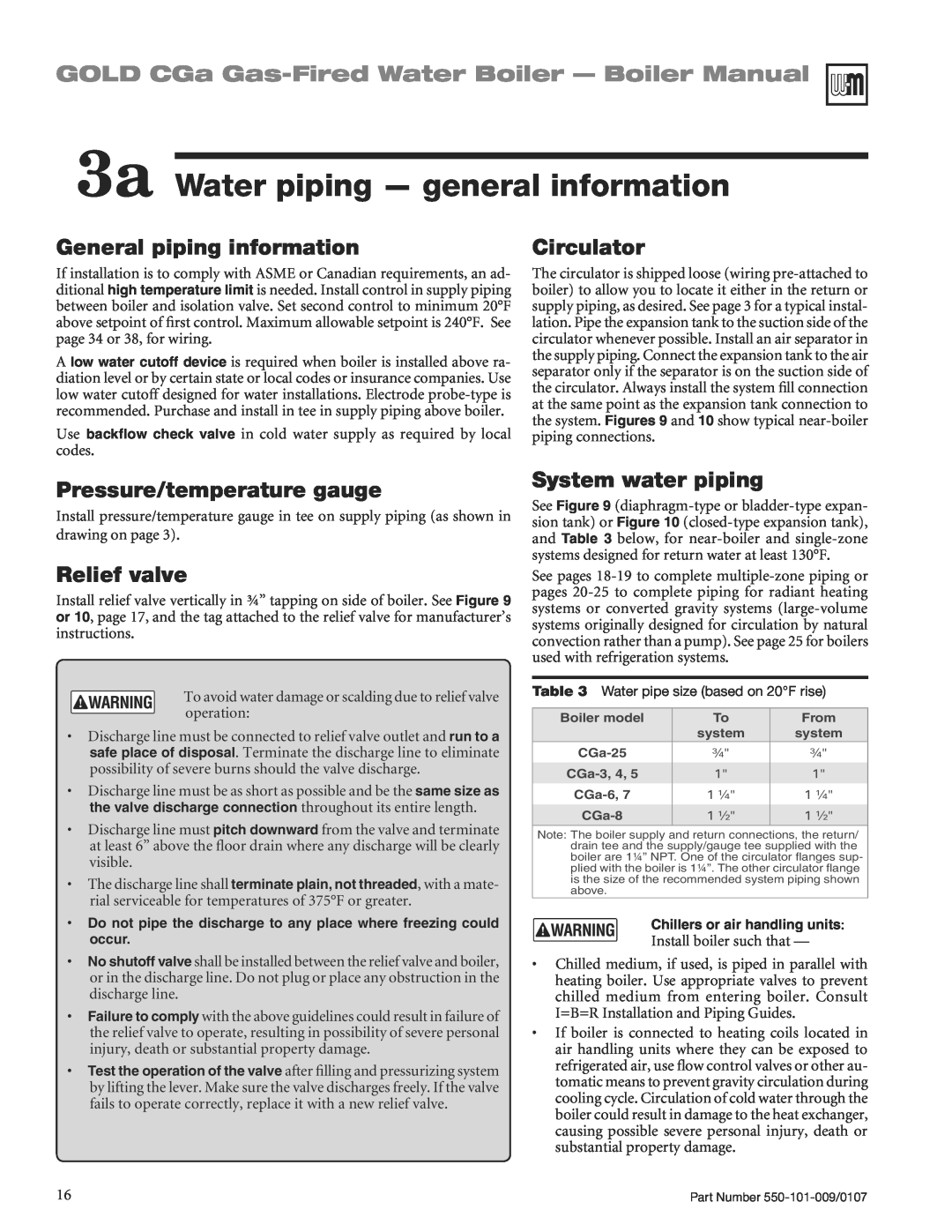 Weil-McLain CGA25SPDN 3a Water piping - general information, GOLD CGa Gas-FiredWater Boiler - Boiler Manual, Circulator 