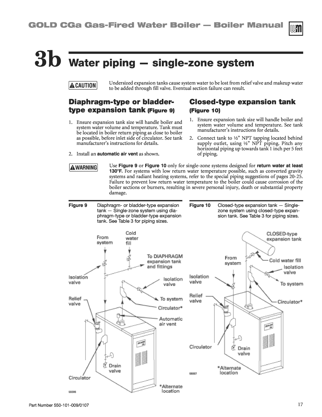 Weil-McLain CGA25SPDN manual 3b Water piping - single-zonesystem, GOLD CGa Gas-FiredWater Boiler - Boiler Manual 