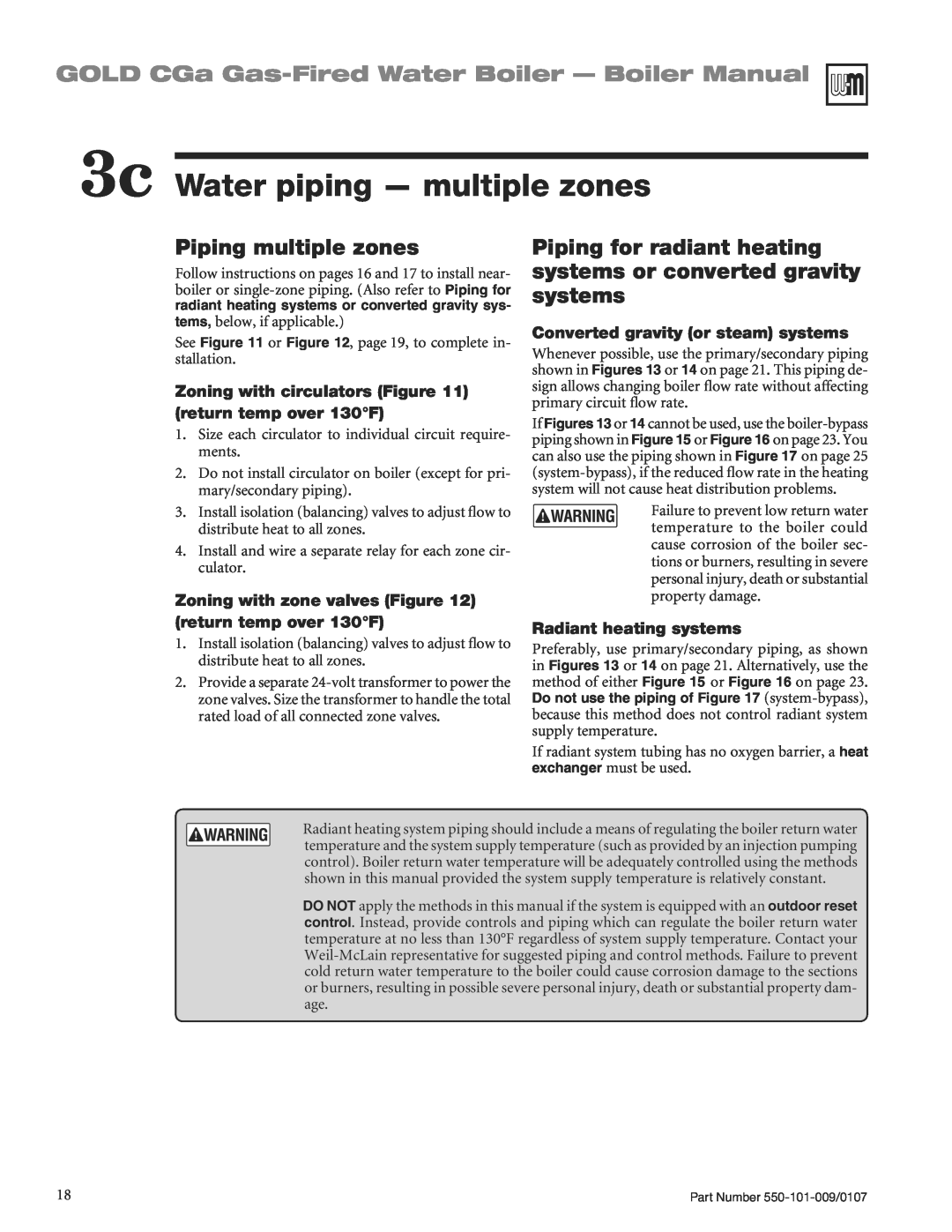 Weil-McLain CGA25SPDN manual 3c Water piping - multiple zones, GOLD CGa Gas-FiredWater Boiler - Boiler Manual 