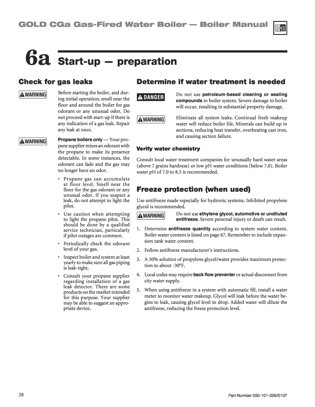 Weil-McLain CGA25SPDN manual 6a Start-up- preparation, GOLD CGa Gas-FiredWater Boiler - Boiler Manual, Check for gas leaks 