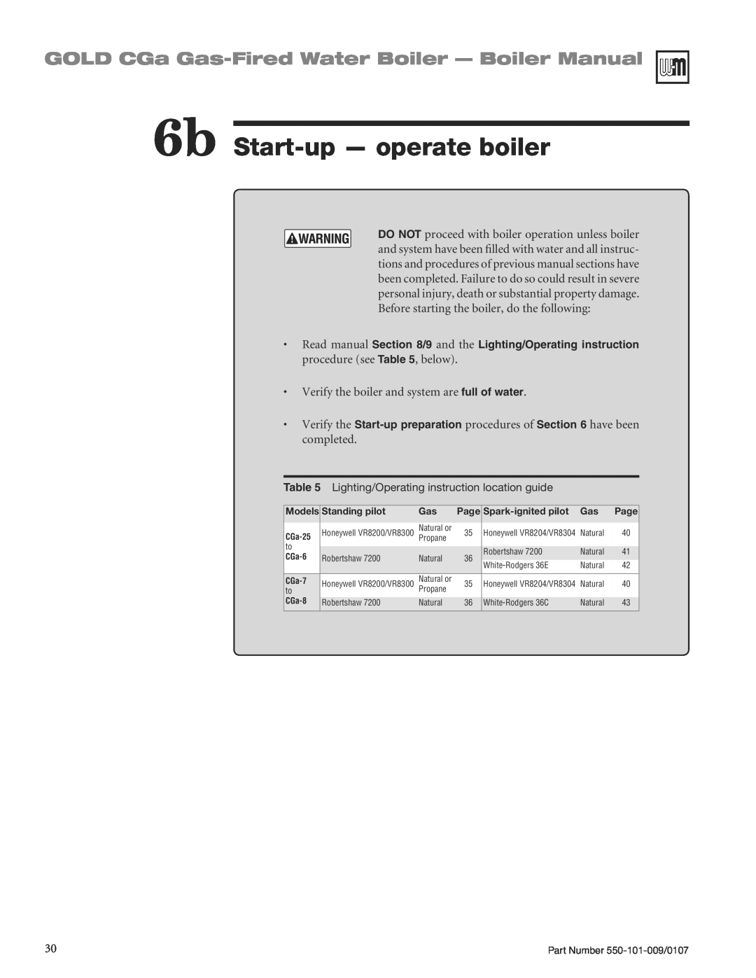 Weil-McLain CGA25SPDN manual 6b Start-up- operate boiler, GOLD CGa Gas-FiredWater Boiler - Boiler Manual 