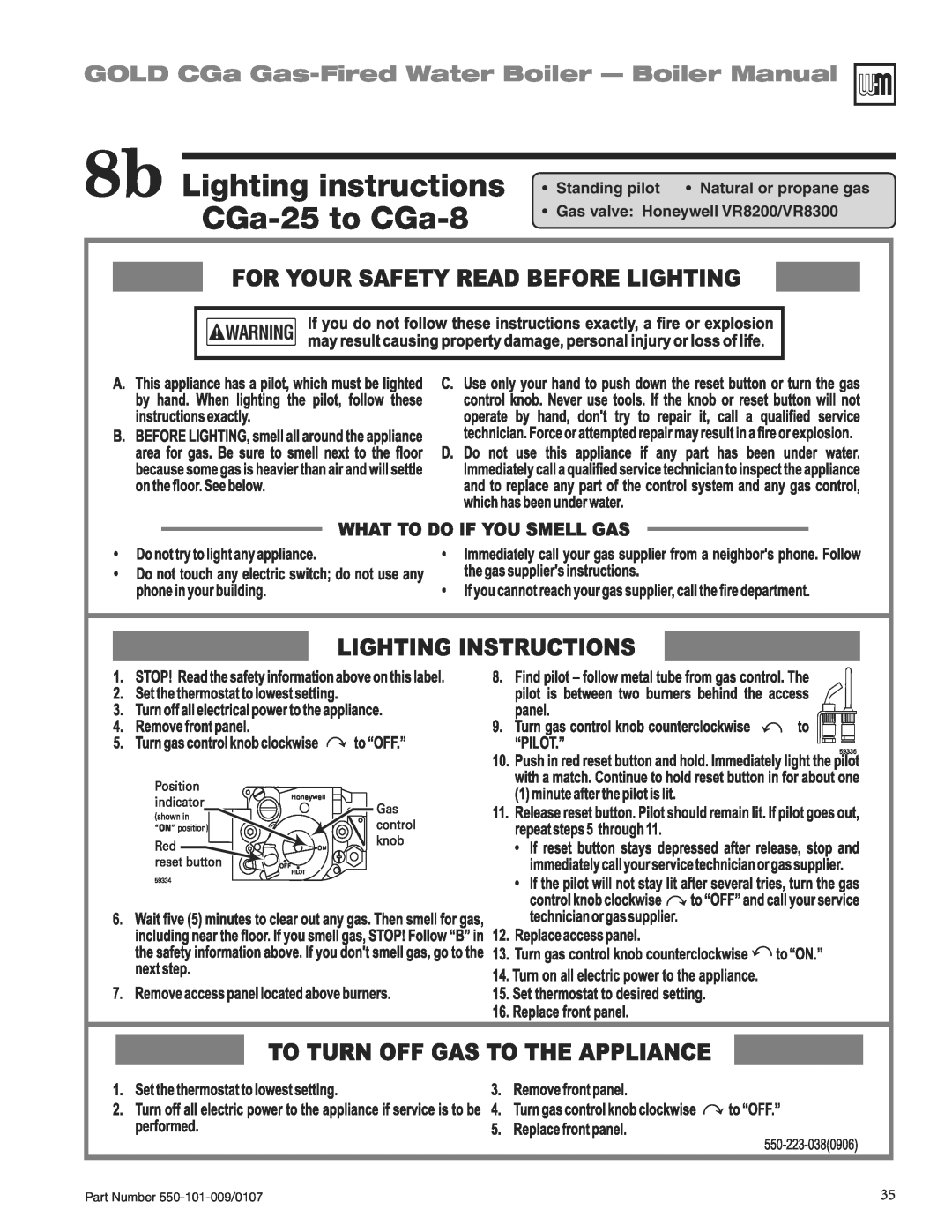Weil-McLain CGA25SPDN manual 8b Lighting instructions CGa-25to CGa-8, GOLD CGa Gas-FiredWater Boiler - Boiler Manual 