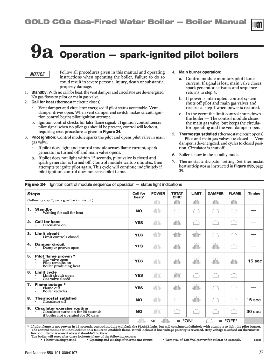 Weil-McLain CGA25SPDN manual 9a Operation - spark-ignitedpilot boilers, GOLD CGa Gas-FiredWater Boiler - Boiler Manual 