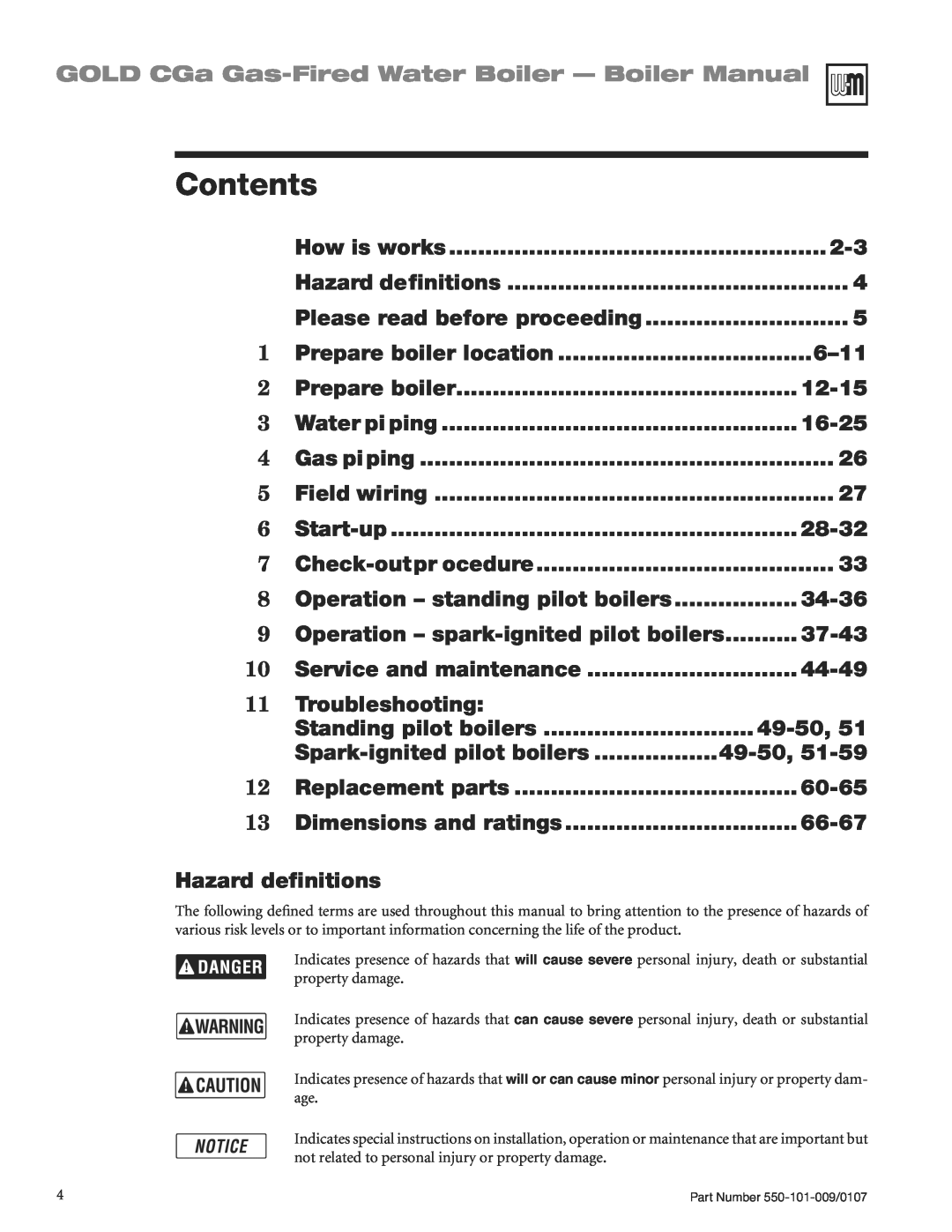 Weil-McLain CGA25SPDN manual Contents, GOLD CGa Gas-FiredWater Boiler - Boiler Manual 