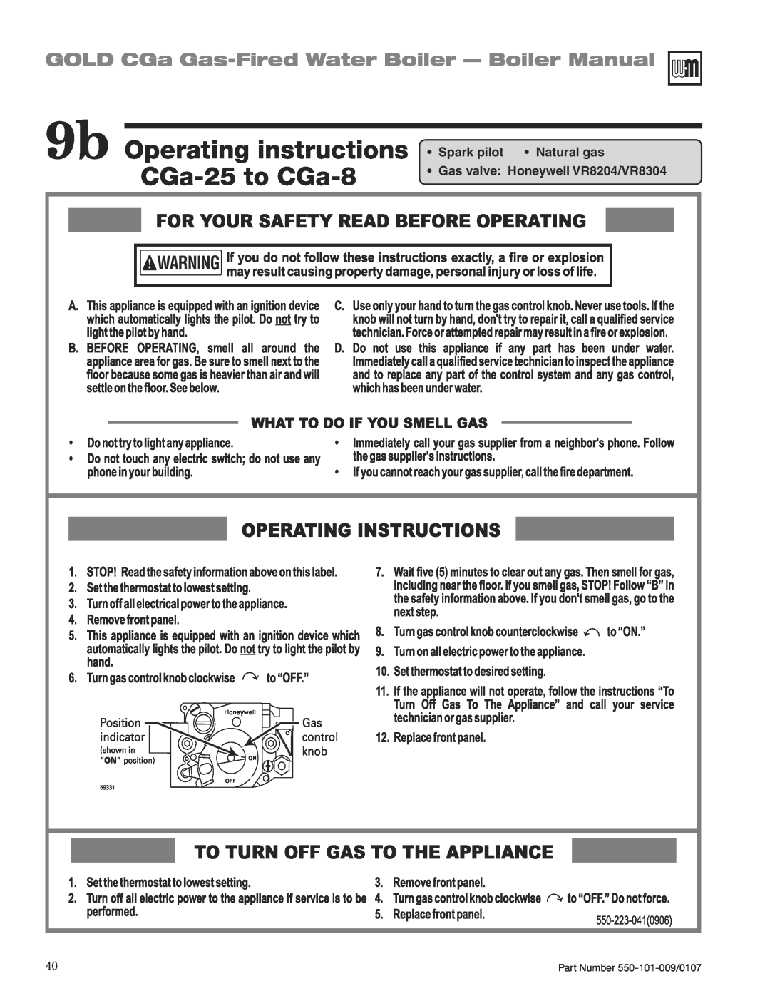 Weil-McLain CGA25SPDN manual 9b Operating instructions CGa-25to CGa-8, GOLD CGa Gas-FiredWater Boiler - Boiler Manual 