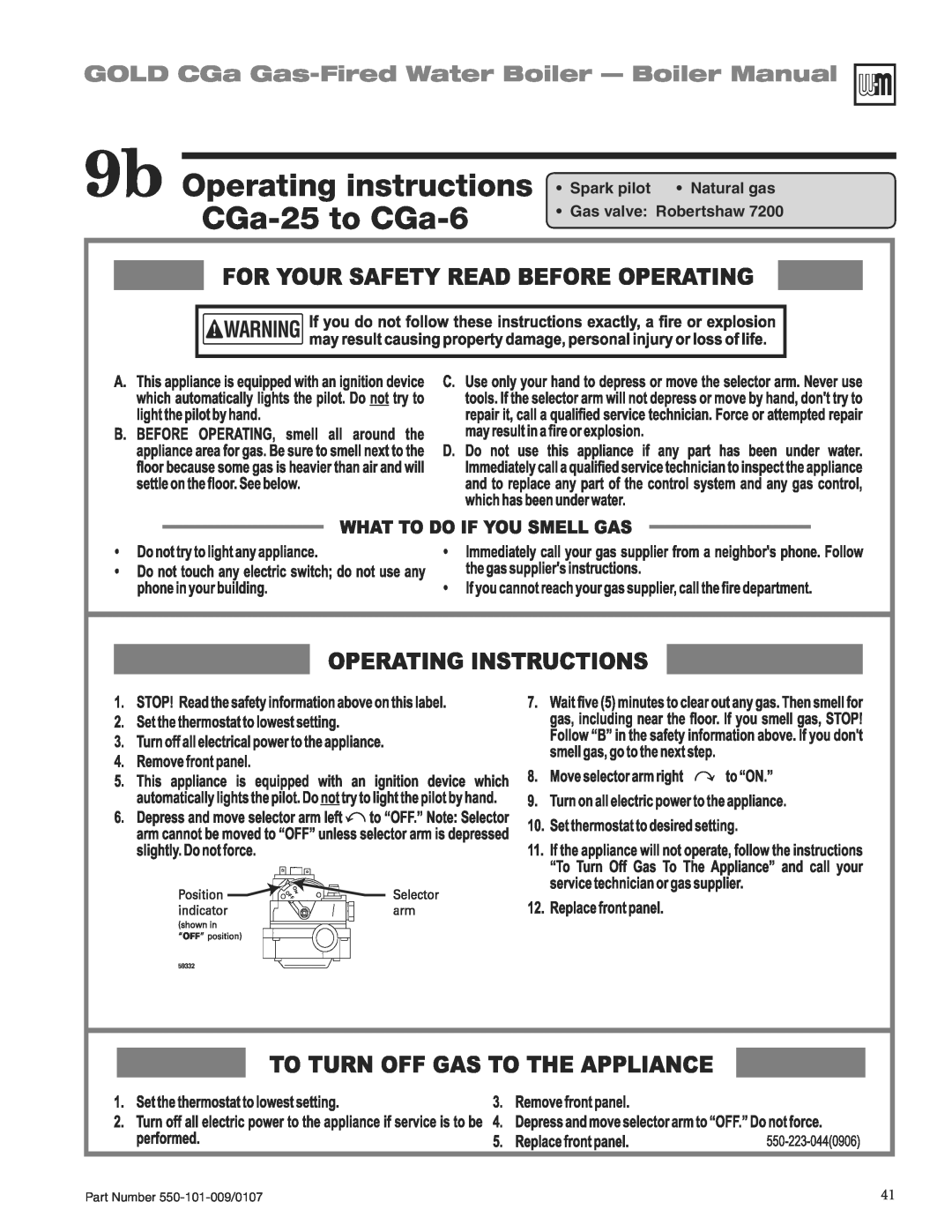 Weil-McLain CGA25SPDN manual 9b Operating instructions CGa-25to CGa-6, GOLD CGa Gas-FiredWater Boiler - Boiler Manual 