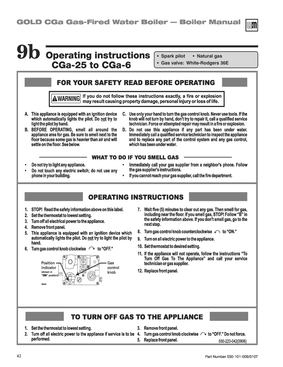 Weil-McLain CGA25SPDN manual 9b Operating instructions CGa-25to CGa-6, GOLD CGa Gas-FiredWater Boiler - Boiler Manual 