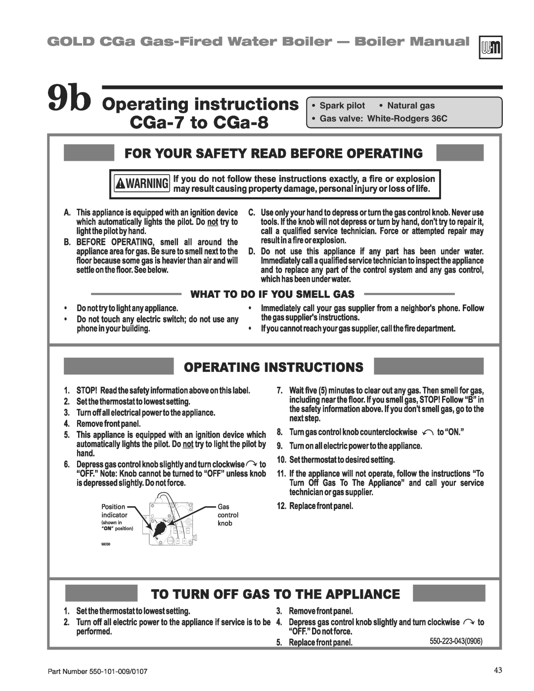 Weil-McLain CGA25SPDN manual 9b Operating instructions CGa-7to CGa-8, GOLD CGa Gas-FiredWater Boiler - Boiler Manual 