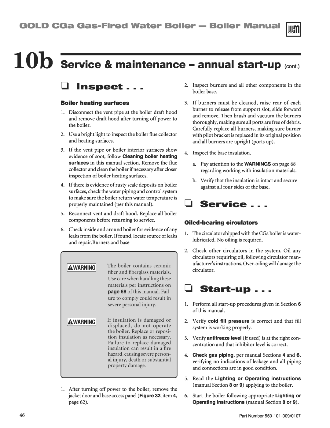 Weil-McLain CGA25SPDN manual 10b Service & maintenance - annual start-up cont, OService, OStart-up, OInspect 