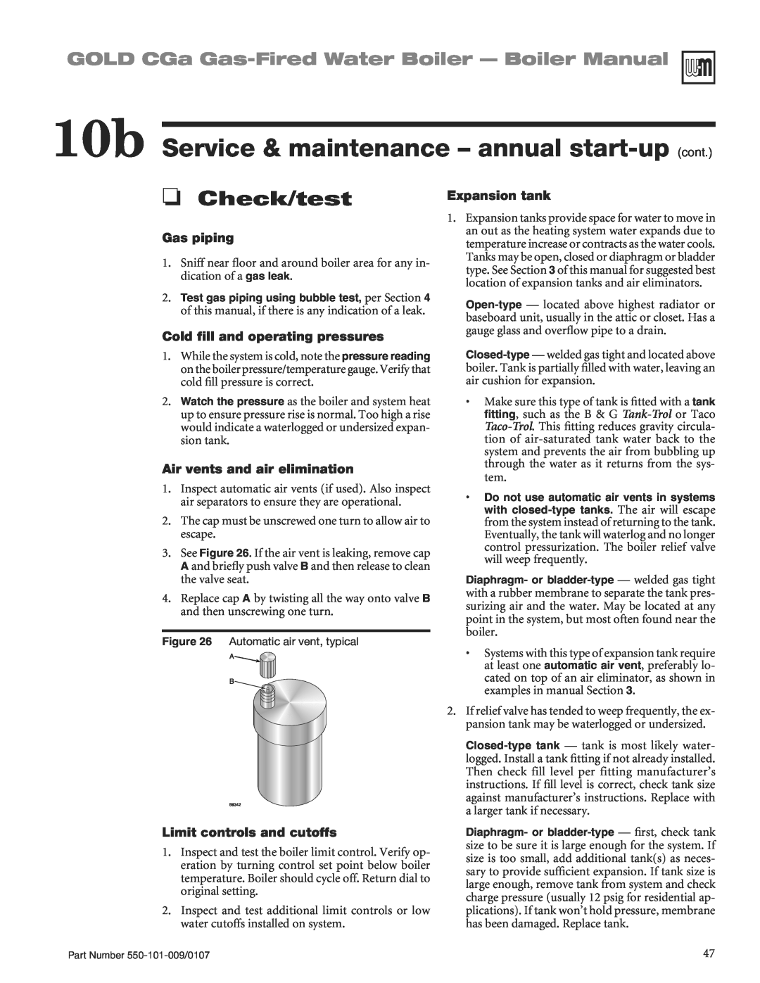 Weil-McLain CGA25SPDN manual OCheck/test, 10b Service & maintenance - annual start-up cont, Gas piping, Expansion tank 