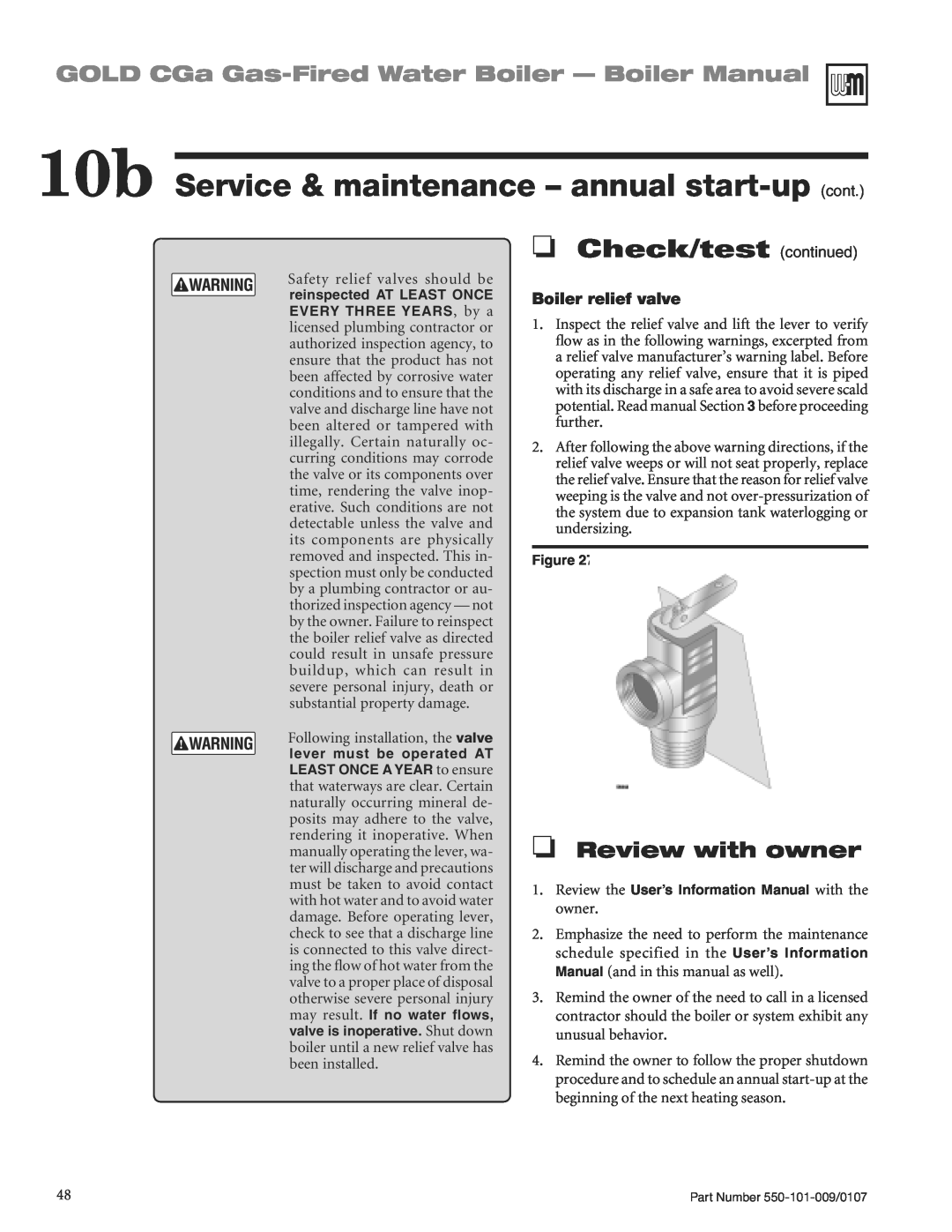 Weil-McLain CGA25SPDN manual OCheck/test continued, 10b Service & maintenance - annual start-up cont, OReview with owner 