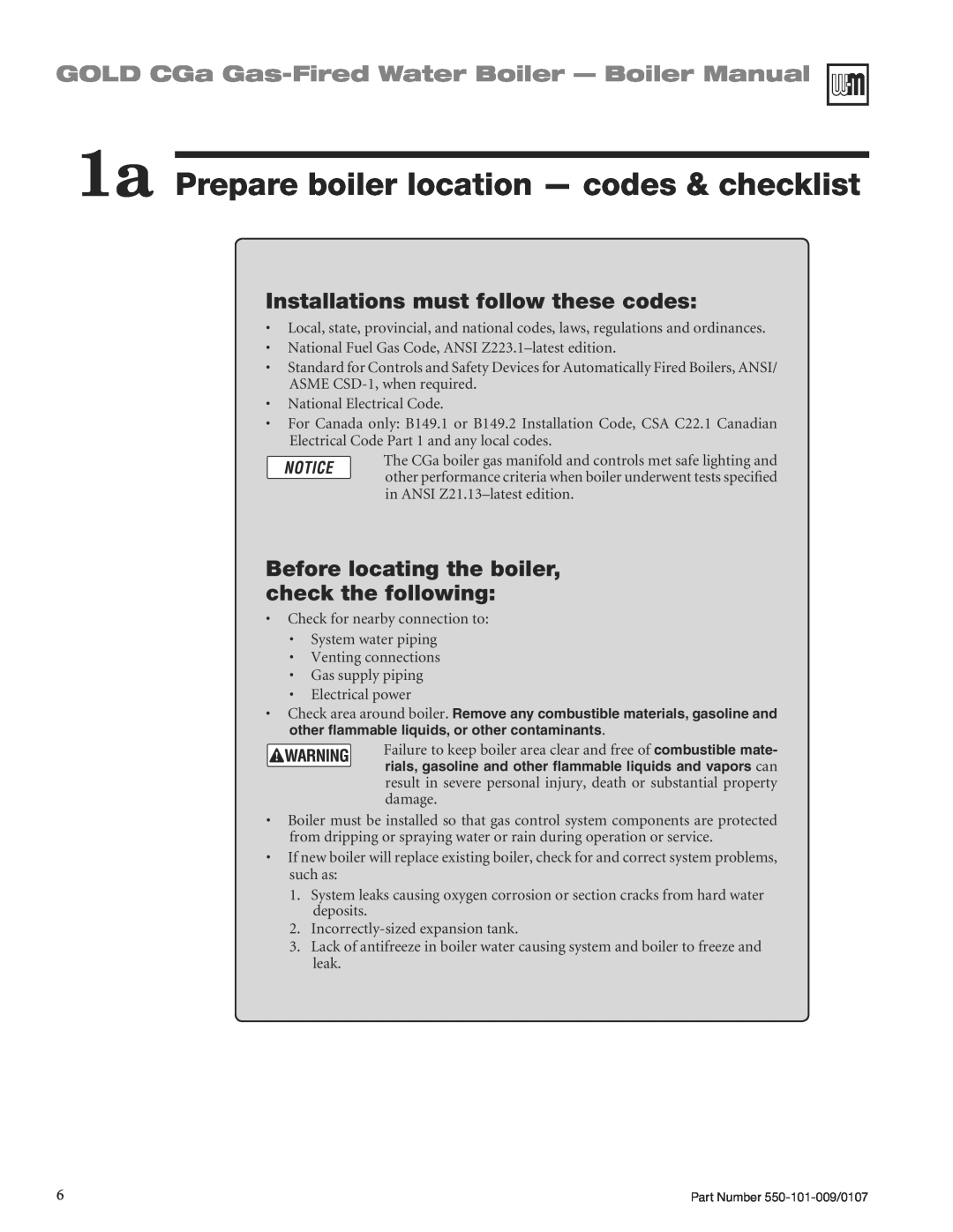 Weil-McLain CGA25SPDN manual 1a Prepare boiler location - codes & checklist, GOLD CGa Gas-FiredWater Boiler - Boiler Manual 