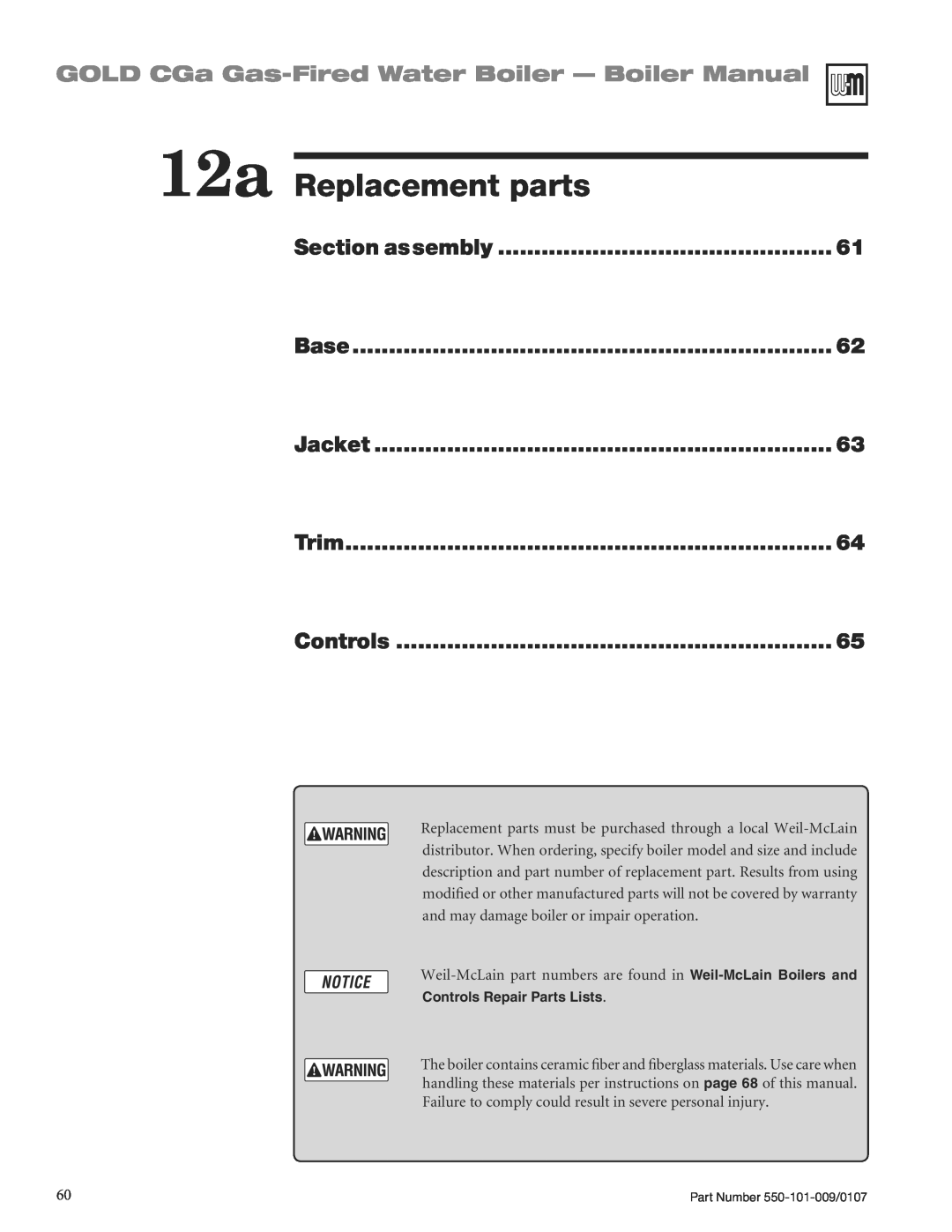 Weil-McLain CGA25SPDN manual 12a Replacement parts, GOLD CGa Gas-FiredWater Boiler - Boiler Manual 