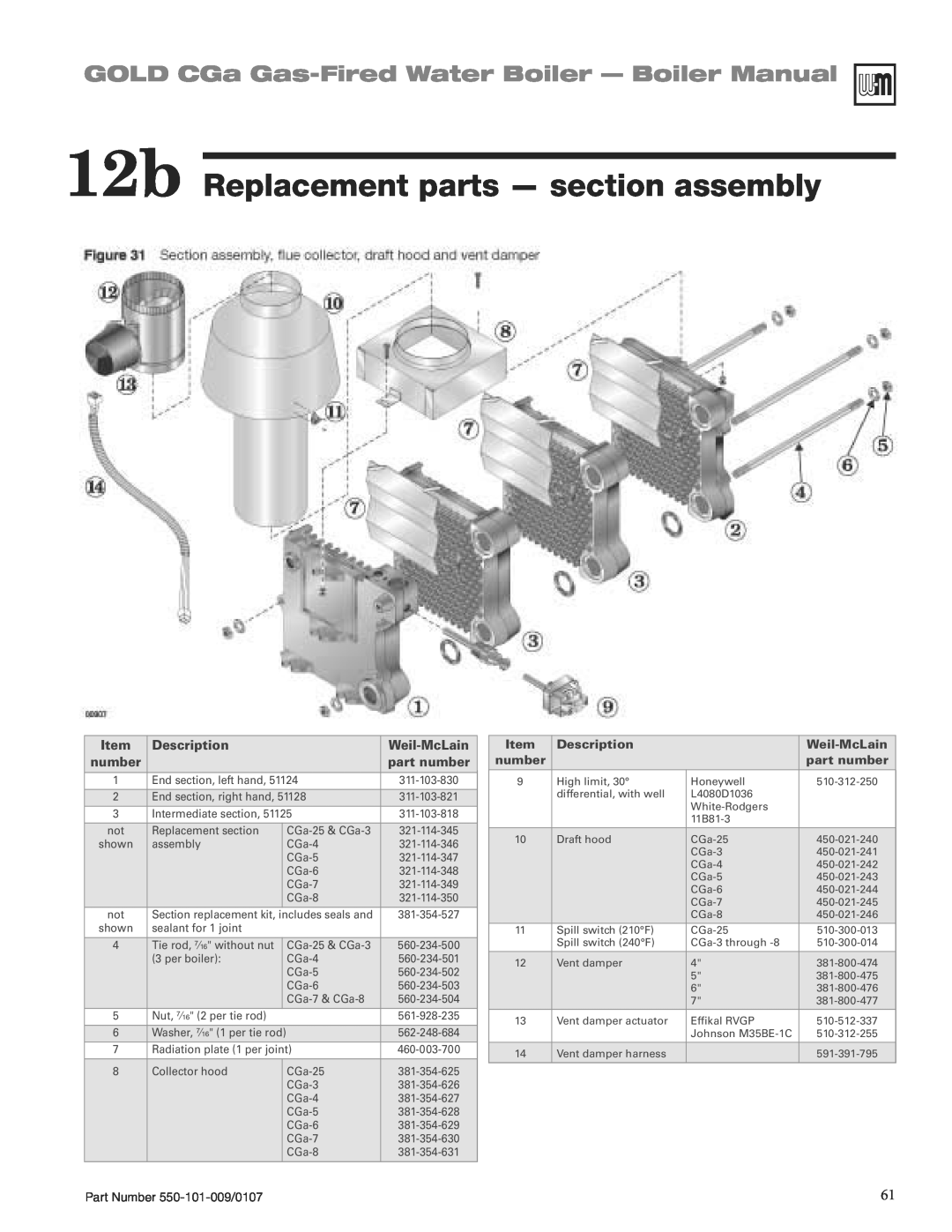 Weil-McLain CGA25SPDN 12b Replacement parts - section assembly, GOLD CGa Gas-FiredWater Boiler - Boiler Manual, number 