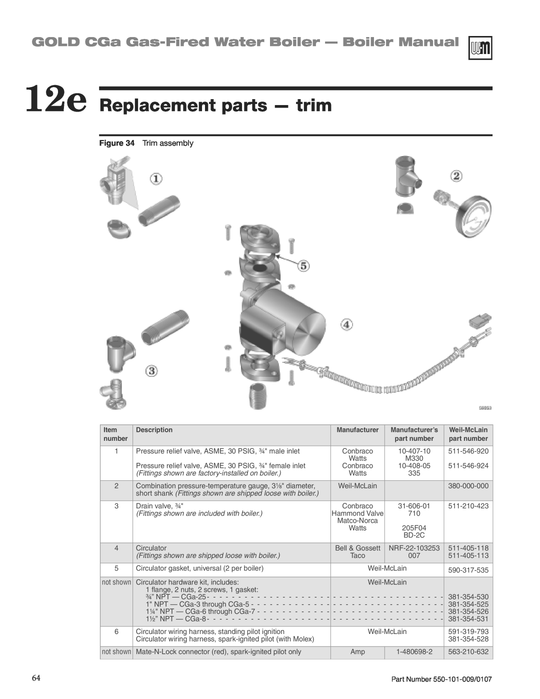 Weil-McLain CGA25SPDN manual 12e Replacement parts - trim, GOLD CGa Gas-FiredWater Boiler - Boiler Manual 