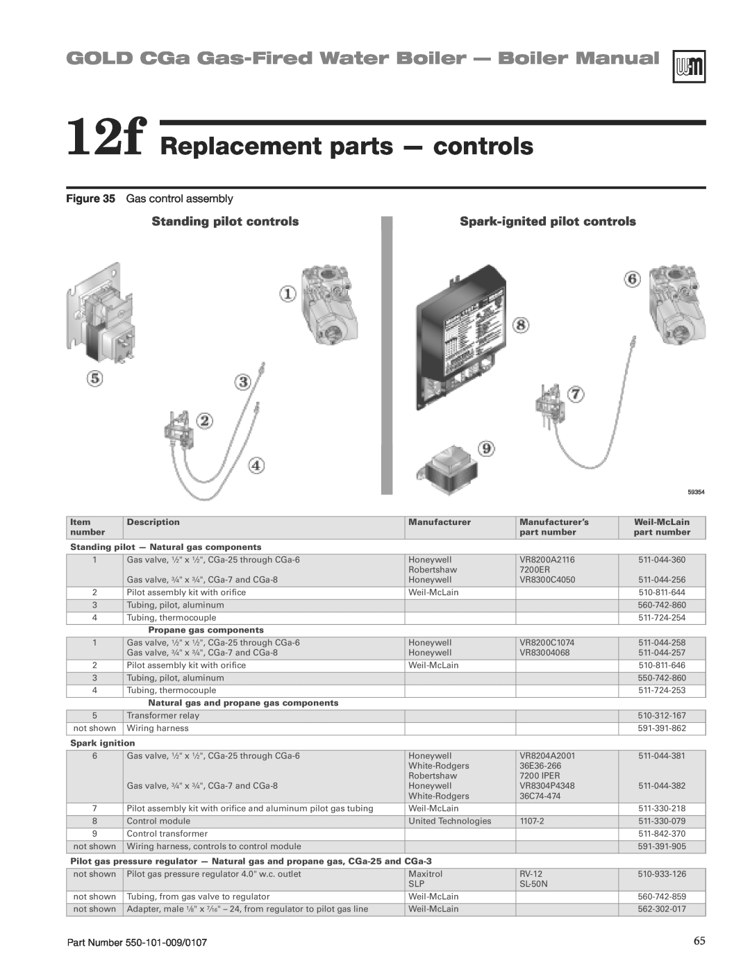 Weil-McLain CGA25SPDN manual 12f Replacement parts - controls, GOLD CGa Gas-FiredWater Boiler - Boiler Manual 