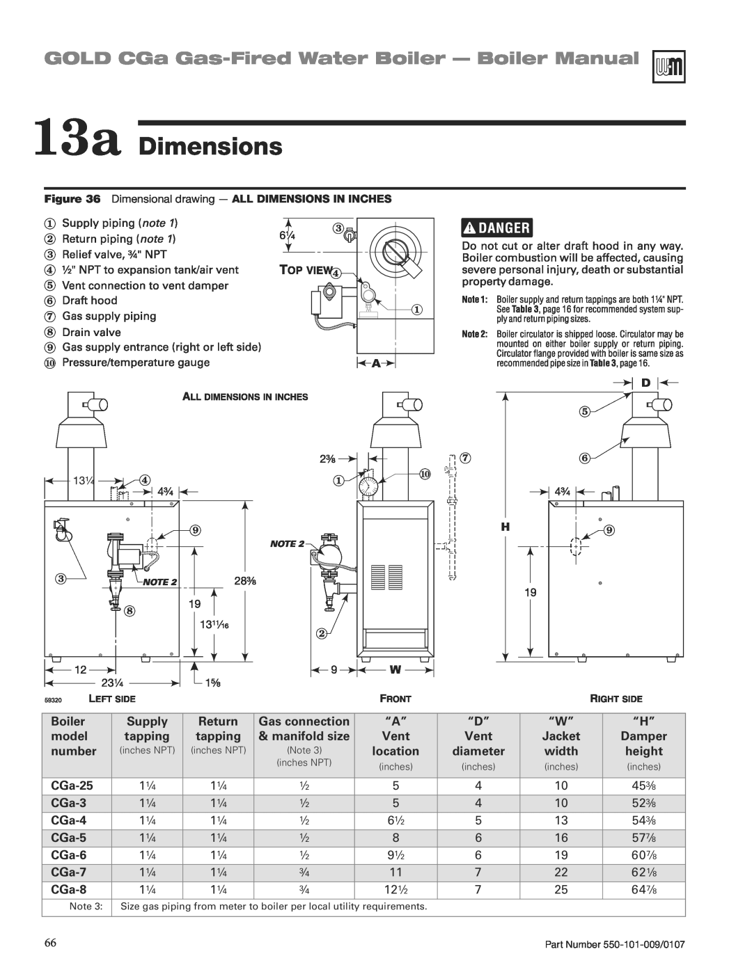 Weil-McLain CGA25SPDN 13a Dimensions, GOLD CGa Gas-FiredWater Boiler - Boiler Manual, 453/8, 523/8, 61/2, 543/8, 577/8 