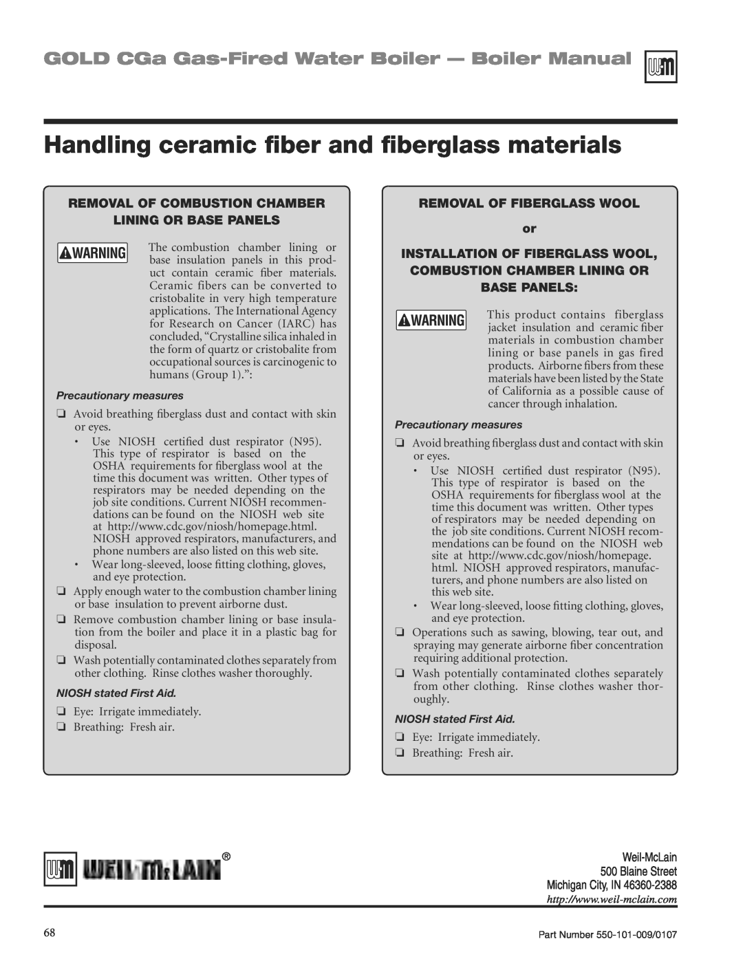 Weil-McLain CGA25SPDN manual Handling ceramic ﬁber and ﬁberglass materials, GOLD CGa Gas-FiredWater Boiler - Boiler Manual 