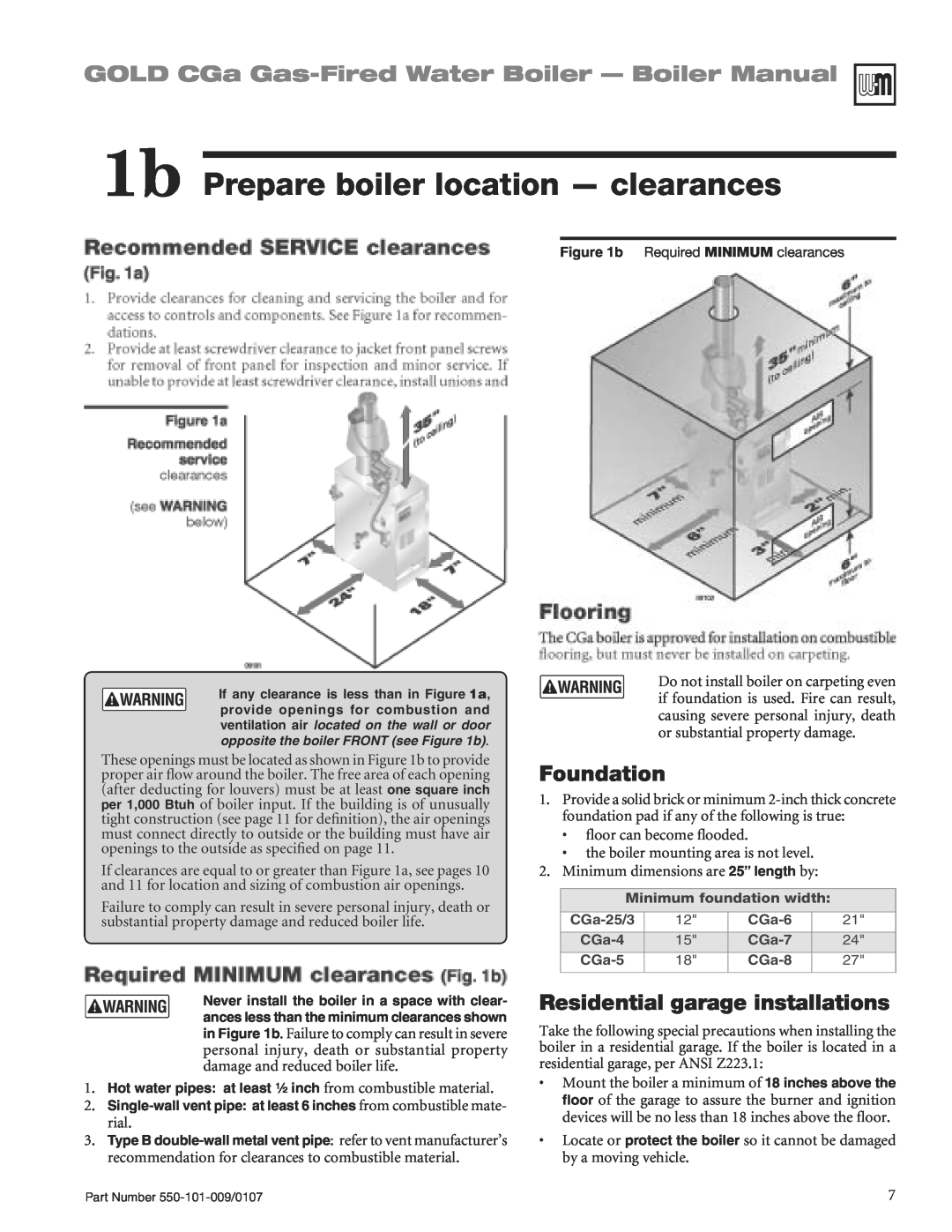 Weil-McLain CGA25SPDN 1b Prepare boiler location - clearances, GOLD CGa Gas-FiredWater Boiler - Boiler Manual, Foundation 