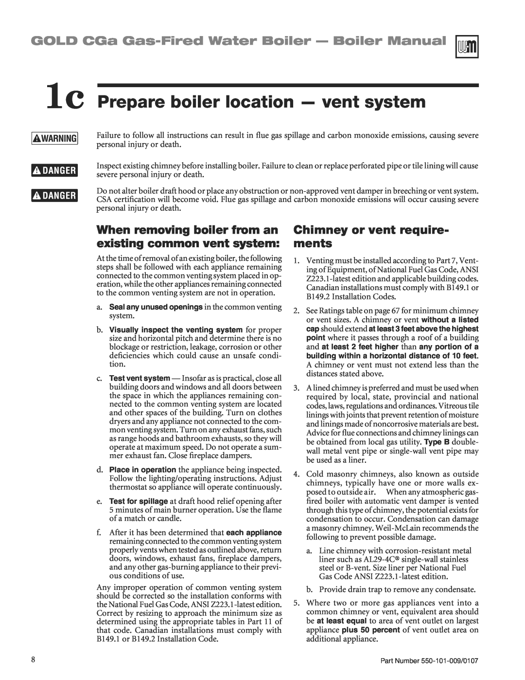 Weil-McLain CGA25SPDN manual 1c Prepare boiler location - vent system, GOLD CGa Gas-FiredWater Boiler - Boiler Manual 