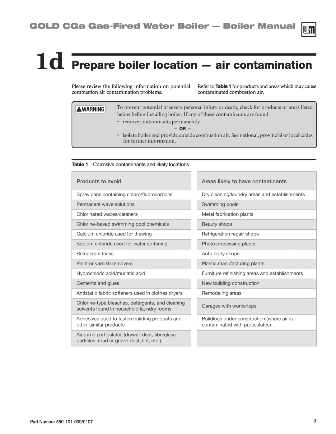 Weil-McLain CGA25SPDN manual 1d Prepare boiler location - air contamination, GOLD CGa Gas-FiredWater Boiler - Boiler Manual 
