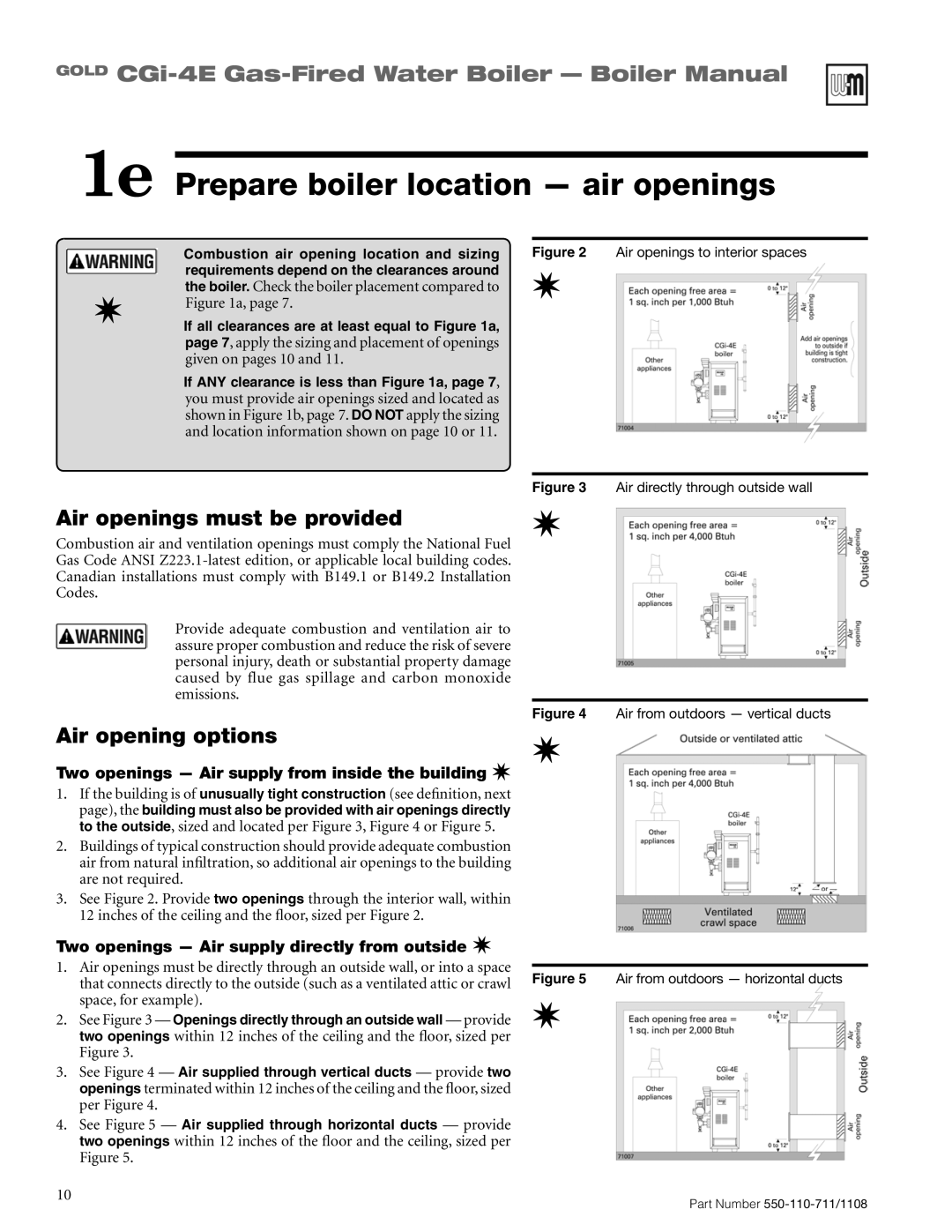 Weil-McLain CGI-4E manual 1e Prepare boiler location air openings, Air openings must be provided, Air opening options 